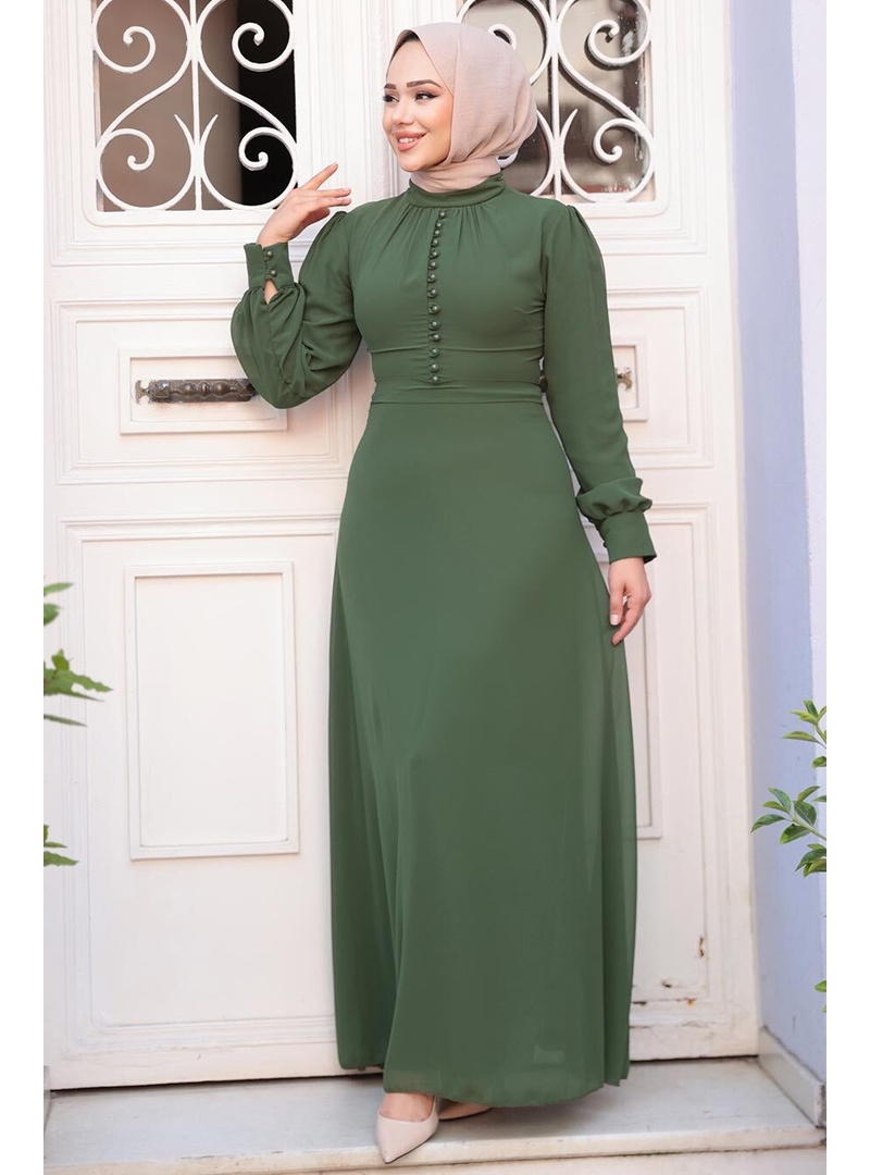 - Düğme Detaylı Haki Tesettür Elbise 2703HK - Resim 2
