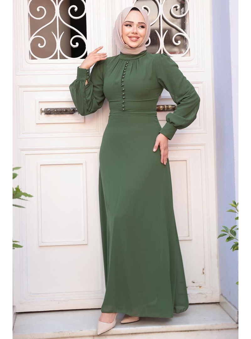 - Düğme Detaylı Haki Tesettür Elbise 2703HK - Resim 3