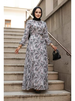 - Çiçek Desenli Haki Tesettür Elbise 279077HK