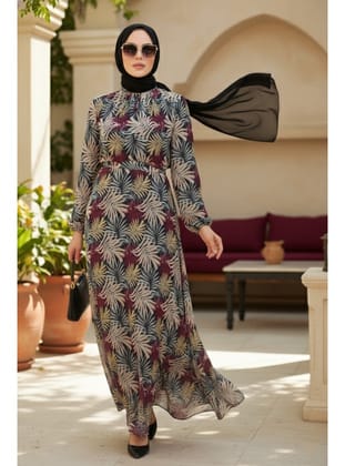 - Çiçek Desenli Bordo Tesettür Elbise 279076BR