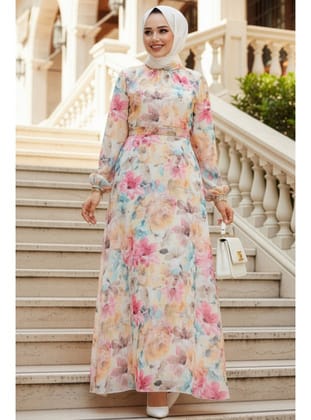 Çiçek Desenli Sarı Tesettür Elbise 27984SR