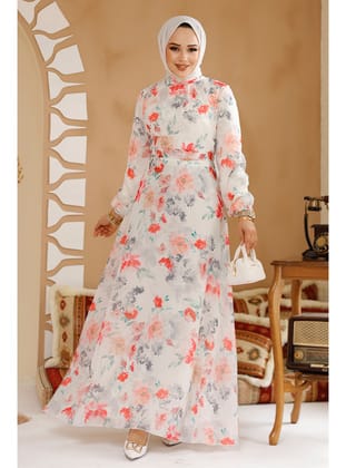 Çiçek Desenli Beyaz Tesettür Elbise 27964B