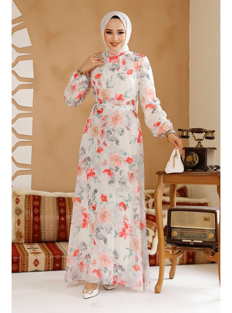 Çiçek Desenli Beyaz Tesettür Elbise 27964B - Resim 2