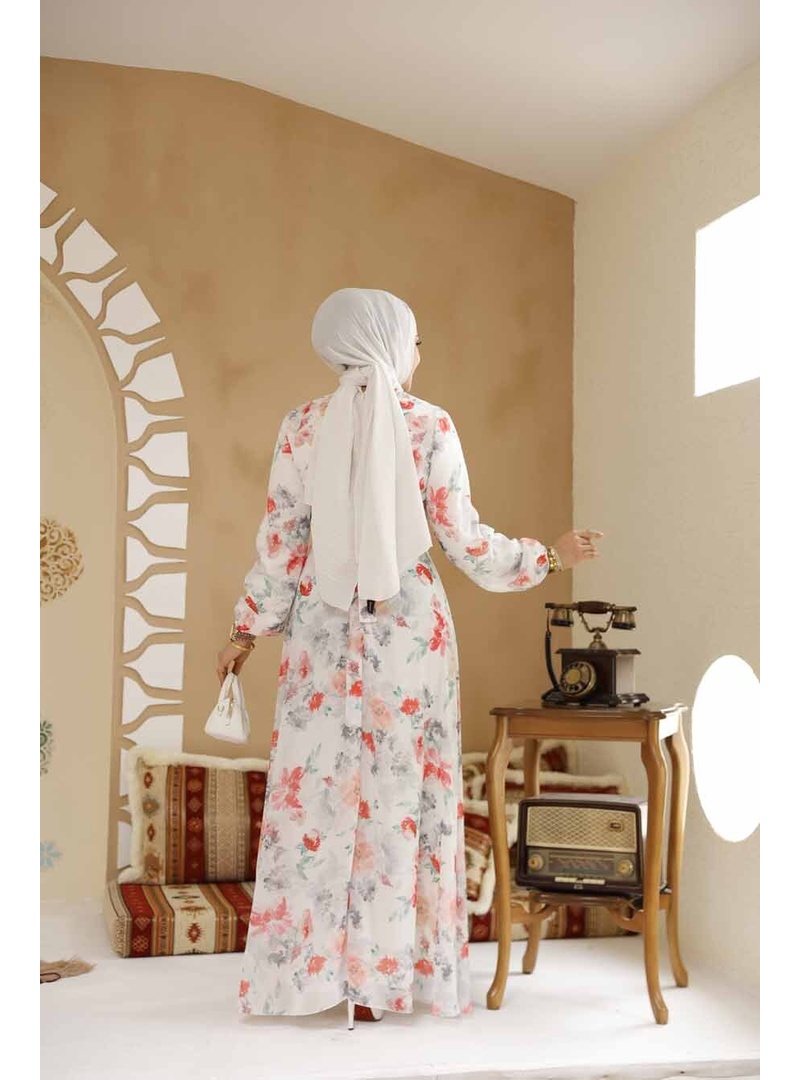 Çiçek Desenli Beyaz Tesettür Elbise 27964B - Resim 4