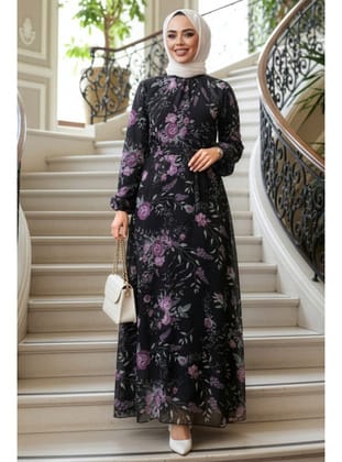 Çiçek Desenli Siyah Tesettür Elbise 27960S