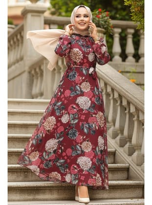 - Çiçek Desenli Bordo Tesettür Elbise 279083BR