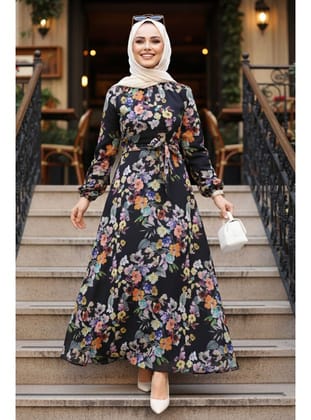 Çiçek Desenli Siyah Tesettür Elbise 279902S