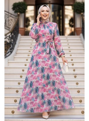 Çiçek Desenli Fuşya Tesettür Elbise 27994F