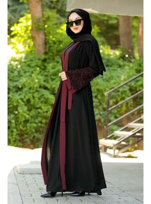 Volan Kollu Bordo Tesettür Abaya 55084BR