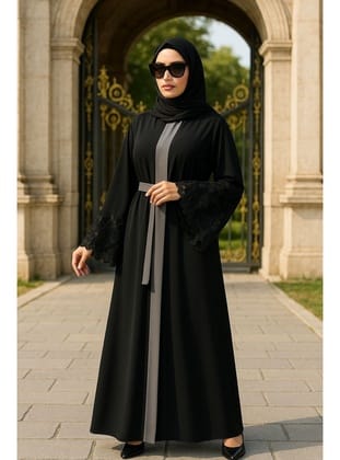 Volan Kollu Gri Tesettür Abaya 55084GR