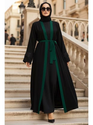 - Kemerli Yeşil Tesettür Abaya 55440Y