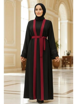 - Kemerli Bordo Tesettür Abaya 55440BR
