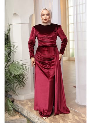 - Kuyruk Detaylı Bordo Tesettür Kadife Abiye Elbise 57912BR