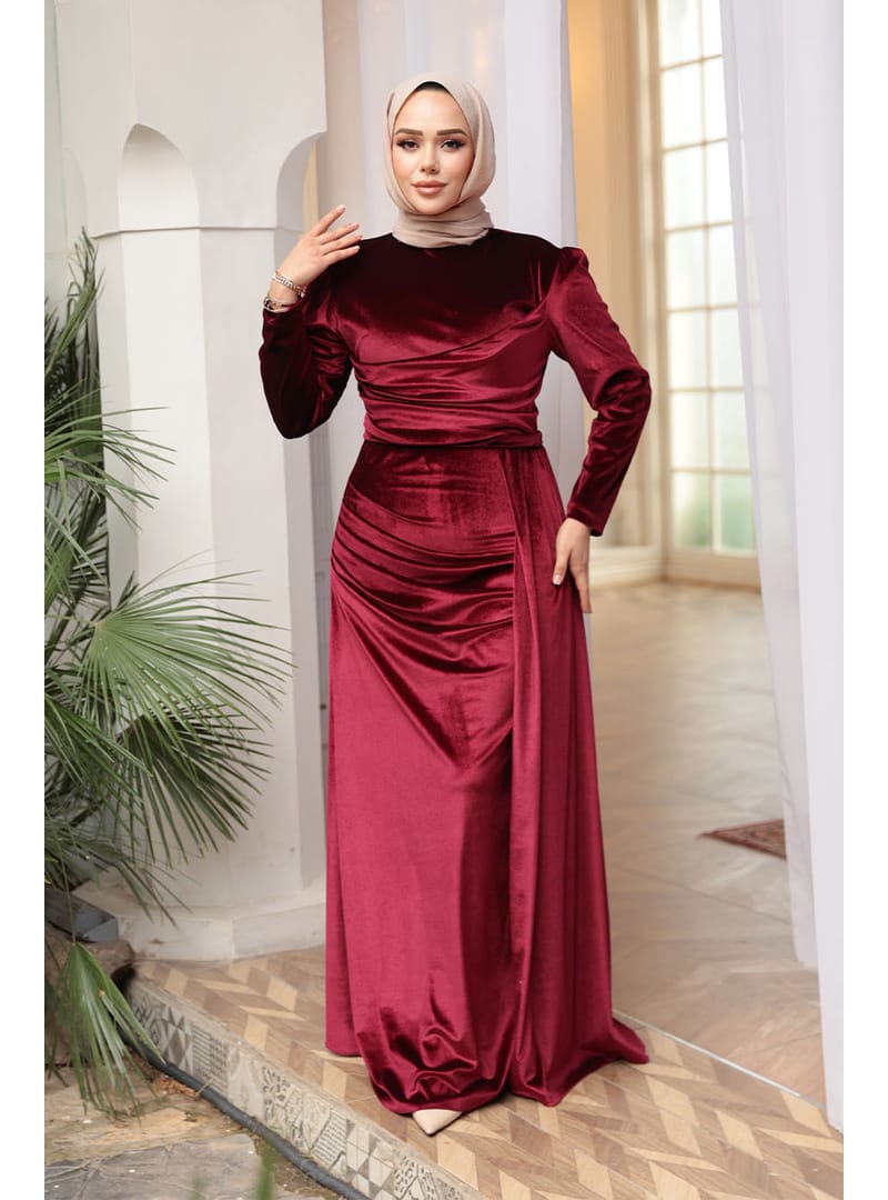 - Kuyruk Detaylı Bordo Tesettür Kadife Abiye Elbise 57912BR - Resim 2