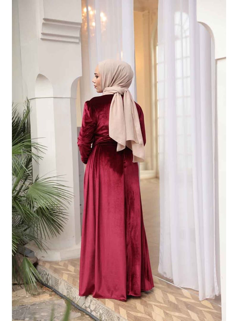 - Kuyruk Detaylı Bordo Tesettür Kadife Abiye Elbise 57912BR - Resim 3