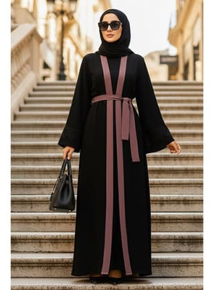 - Kemerli Gül Kurusu Tesettür Abaya 55440GK