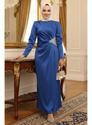 Drape Detaylı Sax Mavisi Tesettür Saten Abiye Elbise 5940SX