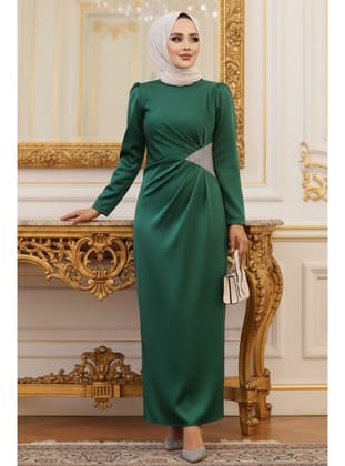 Drape Detaylı Yeşil Tesettür Saten Abiye Elbise 5940Y