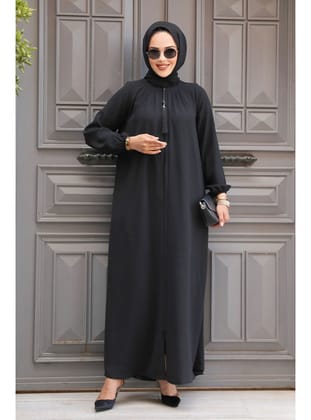 Fermuarlı Siyah Tesettür Abaya 60971S