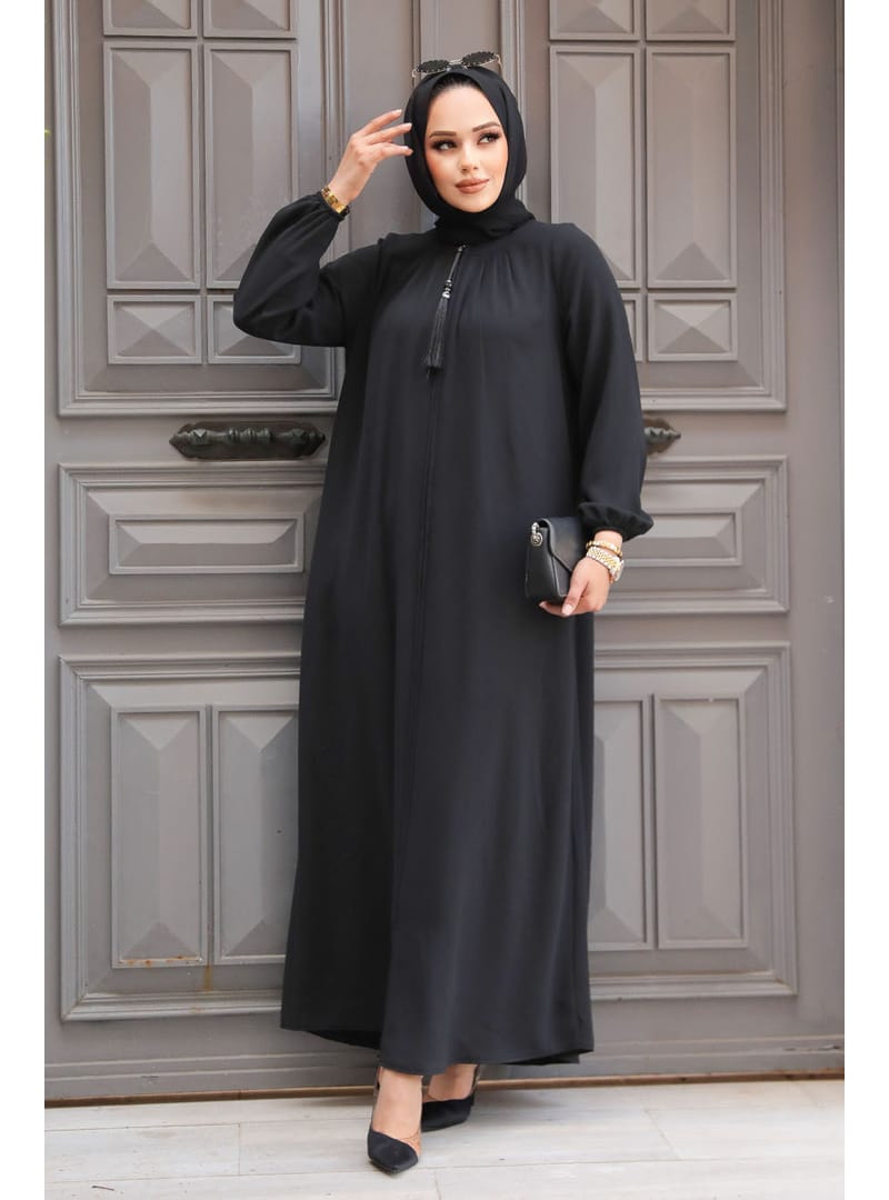 Fermuarlı Siyah Tesettür Abaya 60971S - Resim 2