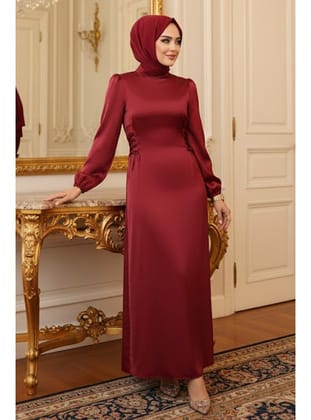 Bağcık Detaylı Bordo Tesettür Saten Abiye Elbise 5948BR