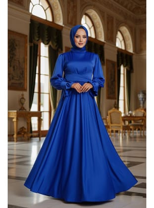 Sax Mavisi Tesettür Saten Abiye Elbise 5983SX