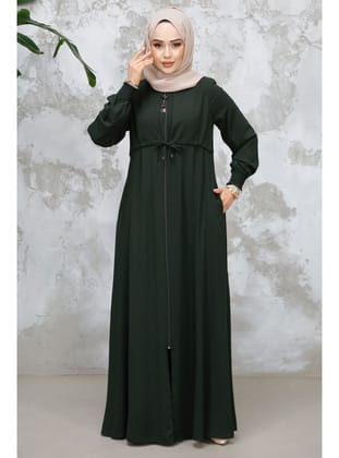 Fermuarlı Koyu Haki Tesettür Abaya 81291KHK