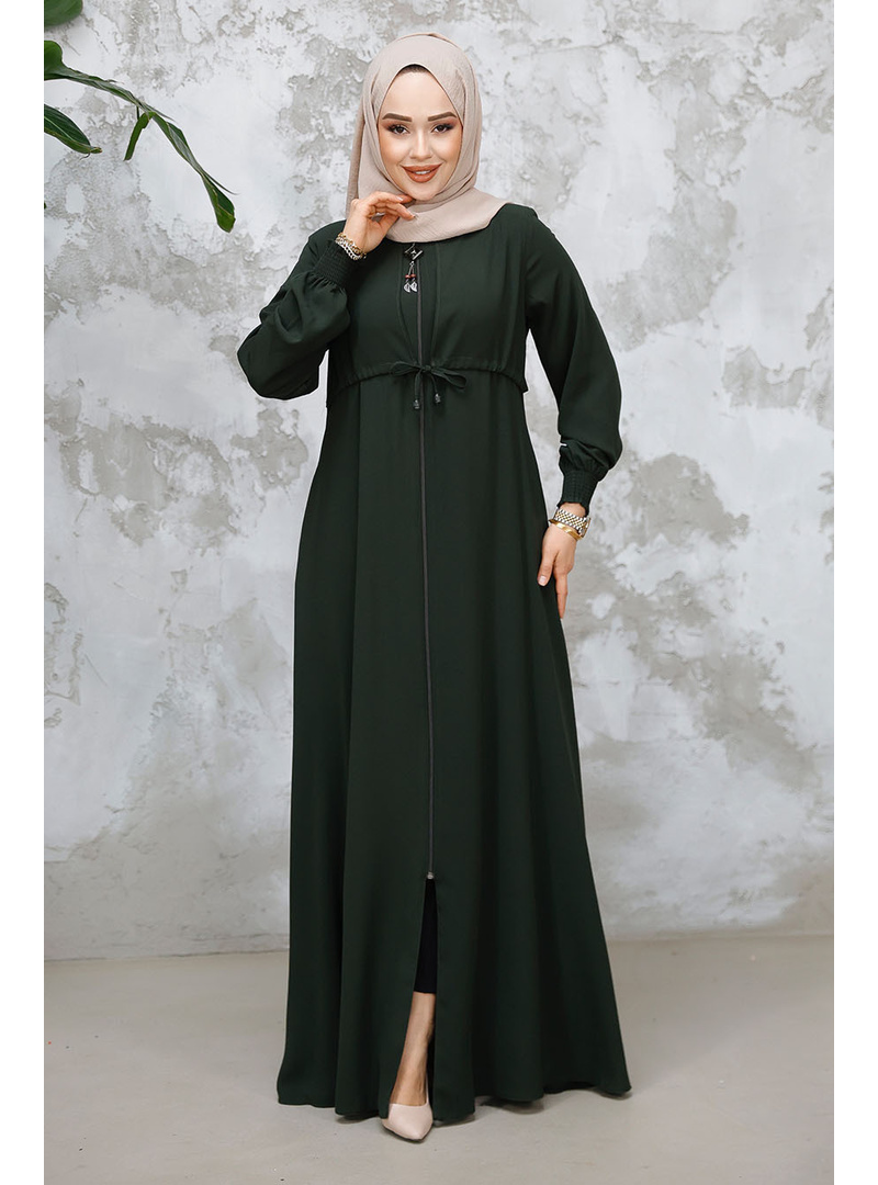 Fermuarlı Koyu Haki Tesettür Abaya 81291KHK - Resim 2