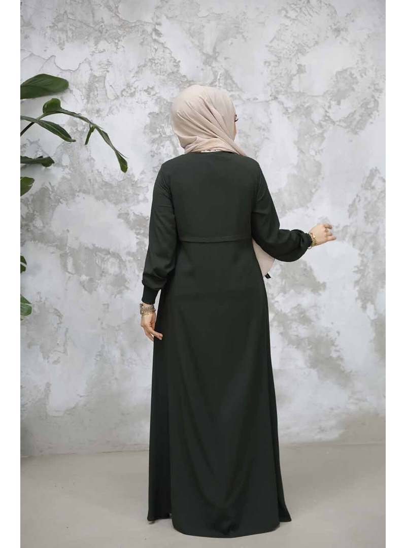 Fermuarlı Koyu Haki Tesettür Abaya 81291KHK - Resim 3