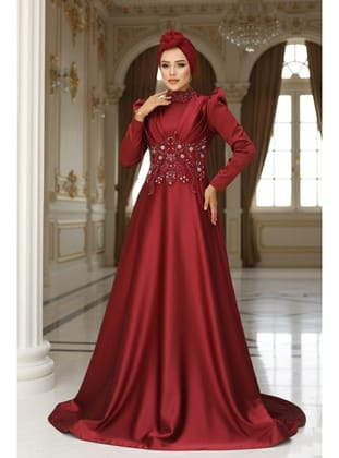 - Boncuk İşlemeli Bordo Saten  22640BR