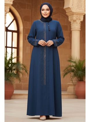 Boncuk Detaylı İndigo Mavisi Tesettür Abaya 26331IM