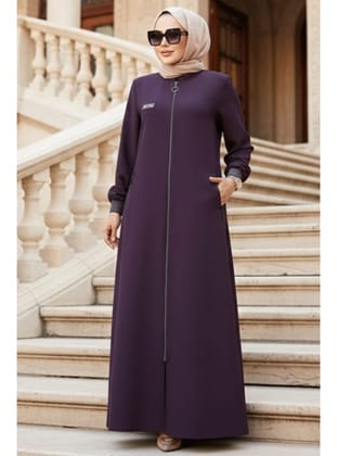 Fermuarlı Mürdüm Tesettür Ferace 26371MU