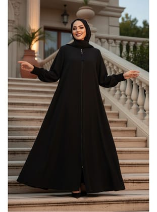 Fermuarlı Siyah Tesettür Abaya 26302S