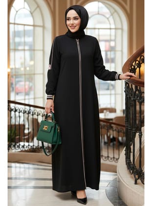 Fermuarlı Siyah Tesettür Ferace 26381S