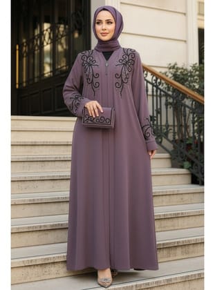 Boncuk İşlemeli Gül Kurusu Tesettür Abaya 29107GK