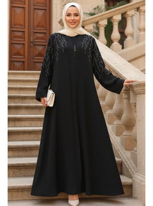 Boncuk İşlemeli Siyah Tesettür Abaya 29110S