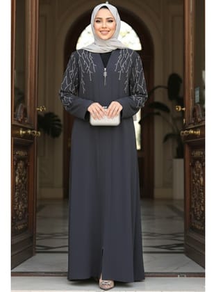Boncuk İşlemeli Füme Tesettür Abaya 29110FU