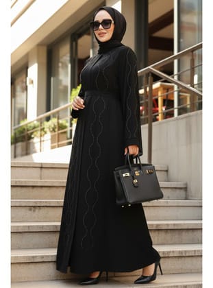 Boncuk İşlemeli Siyah Tesettür Abaya 29117S