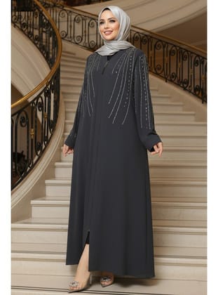 Boncuk İşlemeli Füme Tesettür Abaya 29111FU