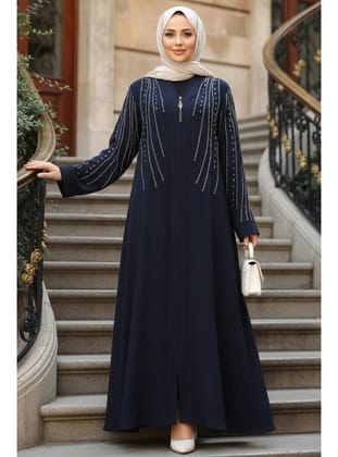 Boncuk İşlemeli Lacivert Tesettür Abaya 29111L