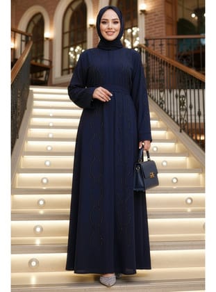 Boncuk İşlemeli Lacivert Tesettür Abaya 29117L