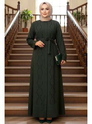 Boncuk İşlemeli Haki Tesettür Abaya 29117HK