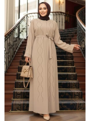 Boncuk İşlemeli Bej Tesettür Abaya 29117BEJ