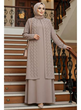 Boncuk İşlemeli Bej Tesettür Abaya 29120BEJ
