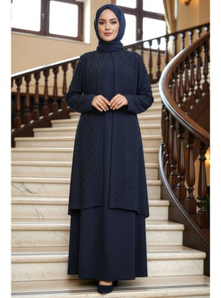 Boncuk İşlemeli Lacivert Tesettür Abaya 29120L