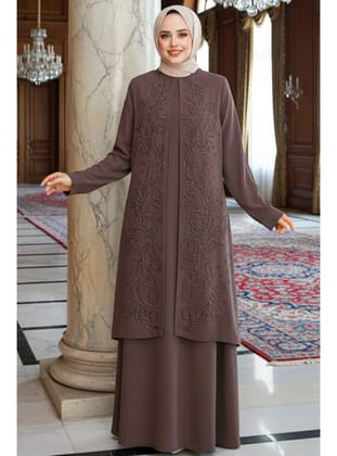 Boncuk İşlemeli Koyu Vizon Tesettür Abaya 29121KV
