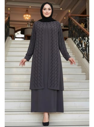 Boncuk İşlemeli Füme Tesettür Abaya 29120FU