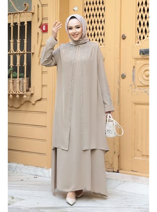 Boncuk İşlemeli Bej Tesettür Abaya 29131BEJ