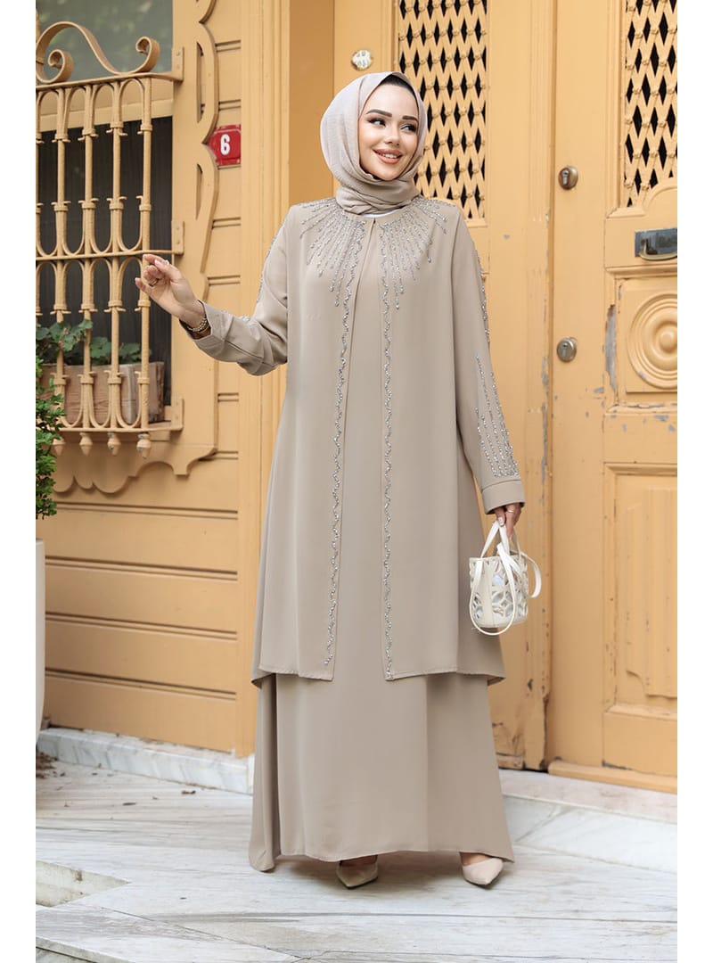 Boncuk İşlemeli Bej Tesettür Abaya 29131BEJ - Resim 2