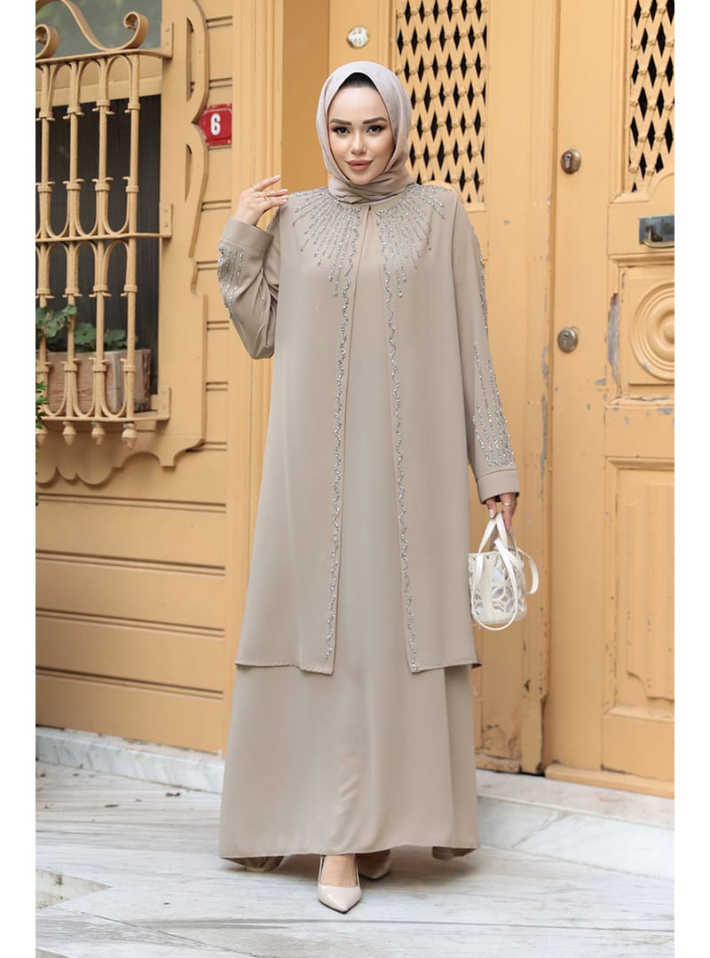 Boncuk İşlemeli Bej Tesettür Abaya 29131BEJ - Resim 3